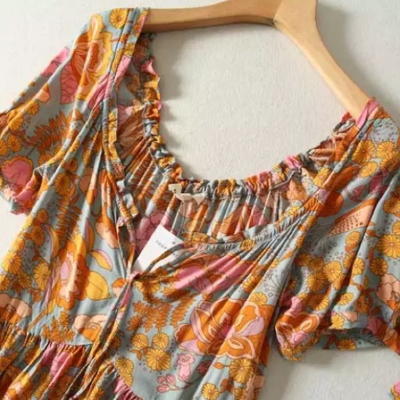 SOLD OUT Boho Orange Gypsy Retro Floral Babydoll Dress - Picture 3 of 5